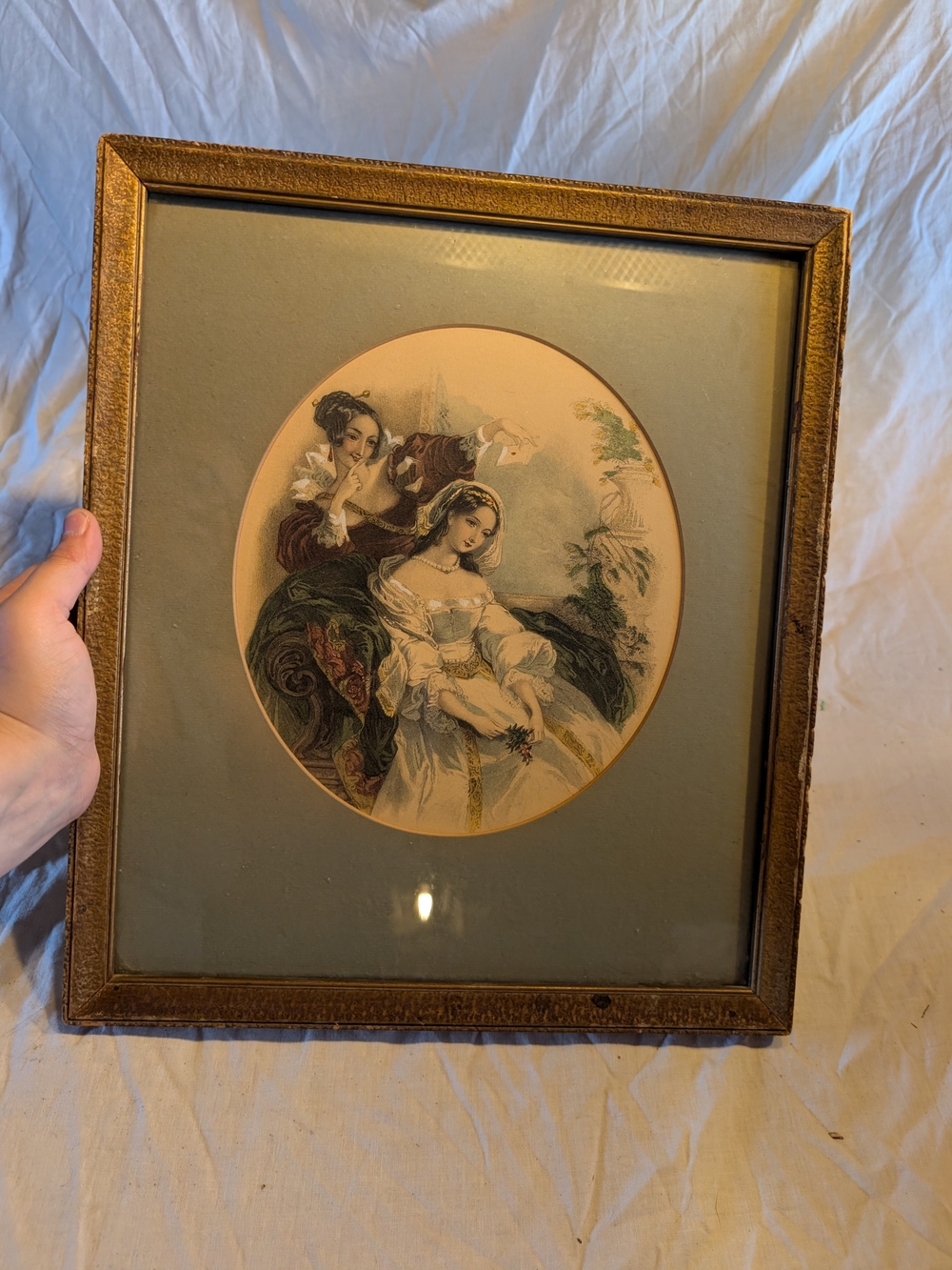 2/70$ Vintage Gold-Framed friendship Portrait Print in Cream, Green, Brown